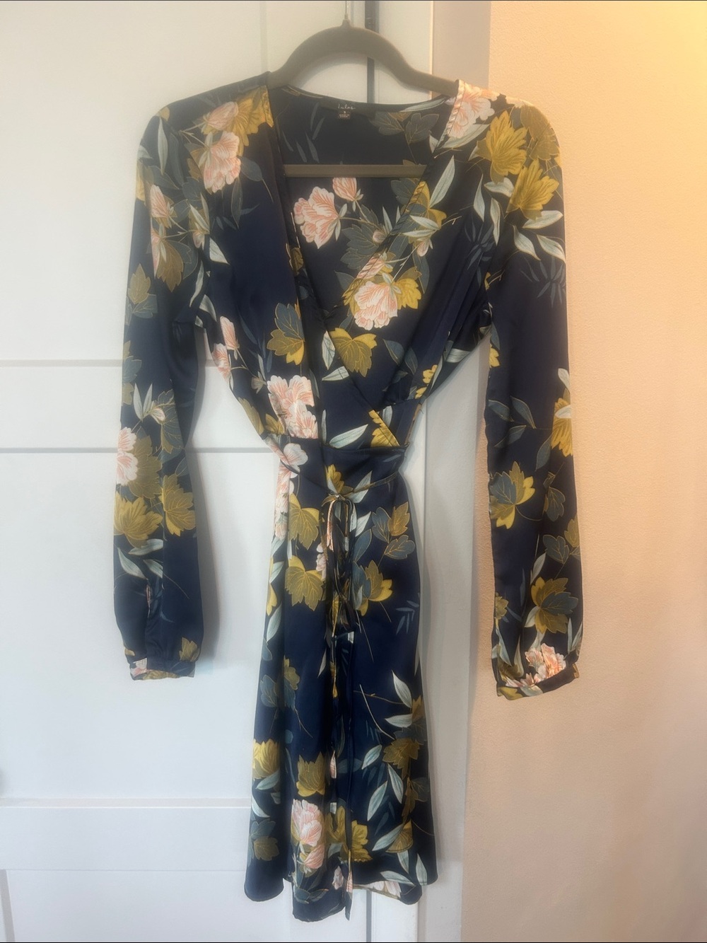 Lulu's Navy Floral Long Sleeve Wrap Dress with Pink & Mustard Blooms